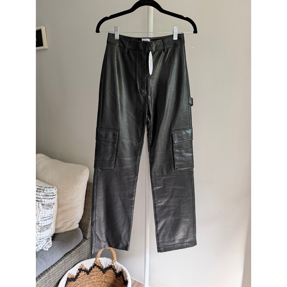 NWT Princess Polly Taniya Faux Leather Pants Womens 2 Black Cargo Straight Leg